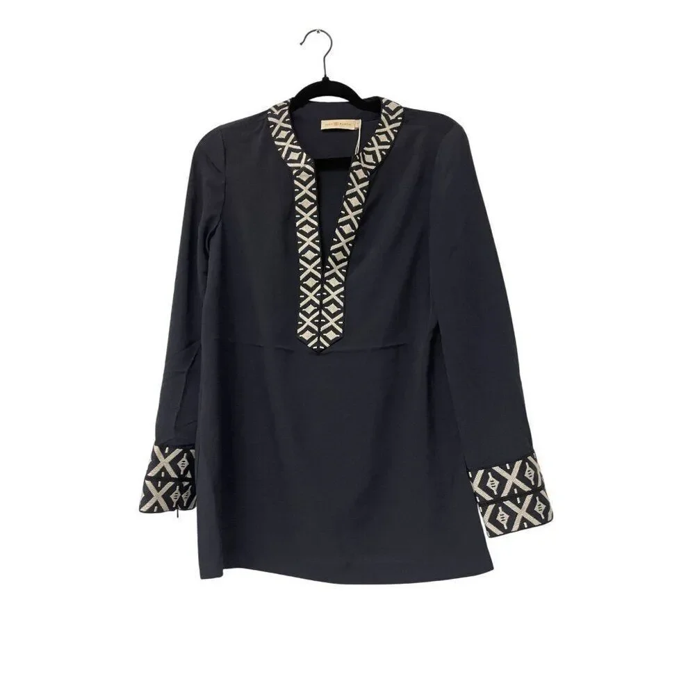 Tory Burch Womens Tunic With Taping Popover Blouse Top Size 4 Navy Blue NWT $295